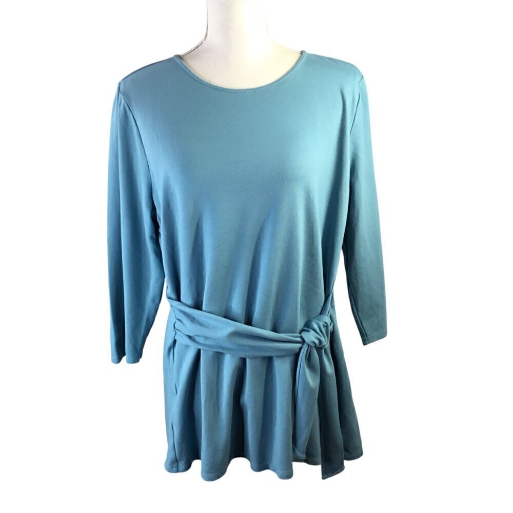 J.Jill Ponte Knit Top 3/4 Sleeve Long Light Blue Attached Tie Pullover Sz Large